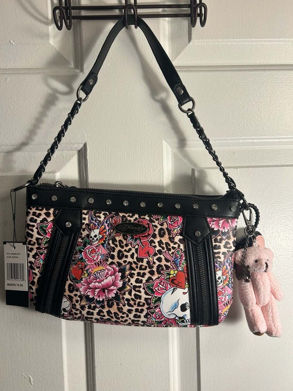 Ed Hardy Cheetah Print Tattoo Floral Skull Shoulder Bag with Teddy Charm